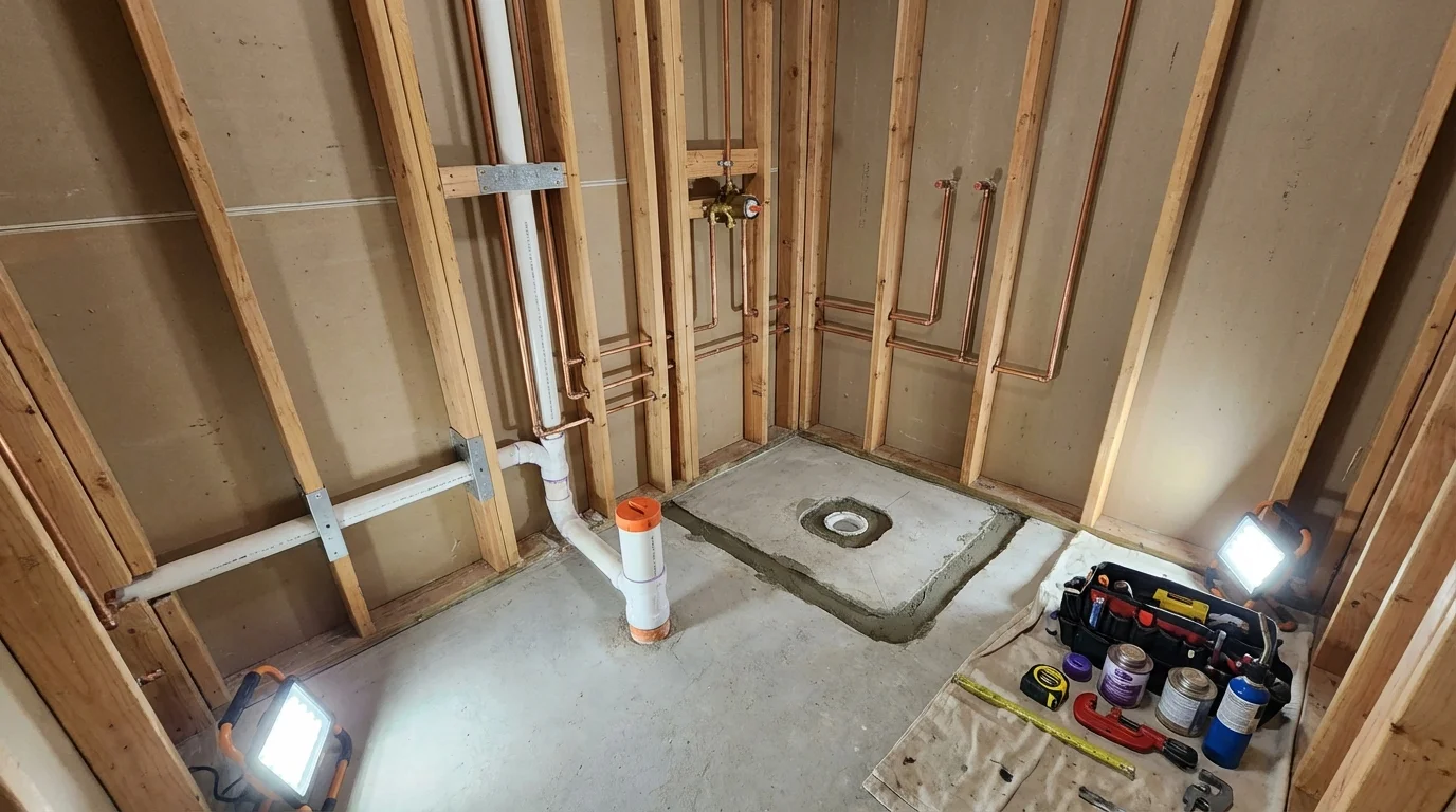 Bathroom rough-in plumbing during remodel by Johns Plumbing LLC in Stinnett