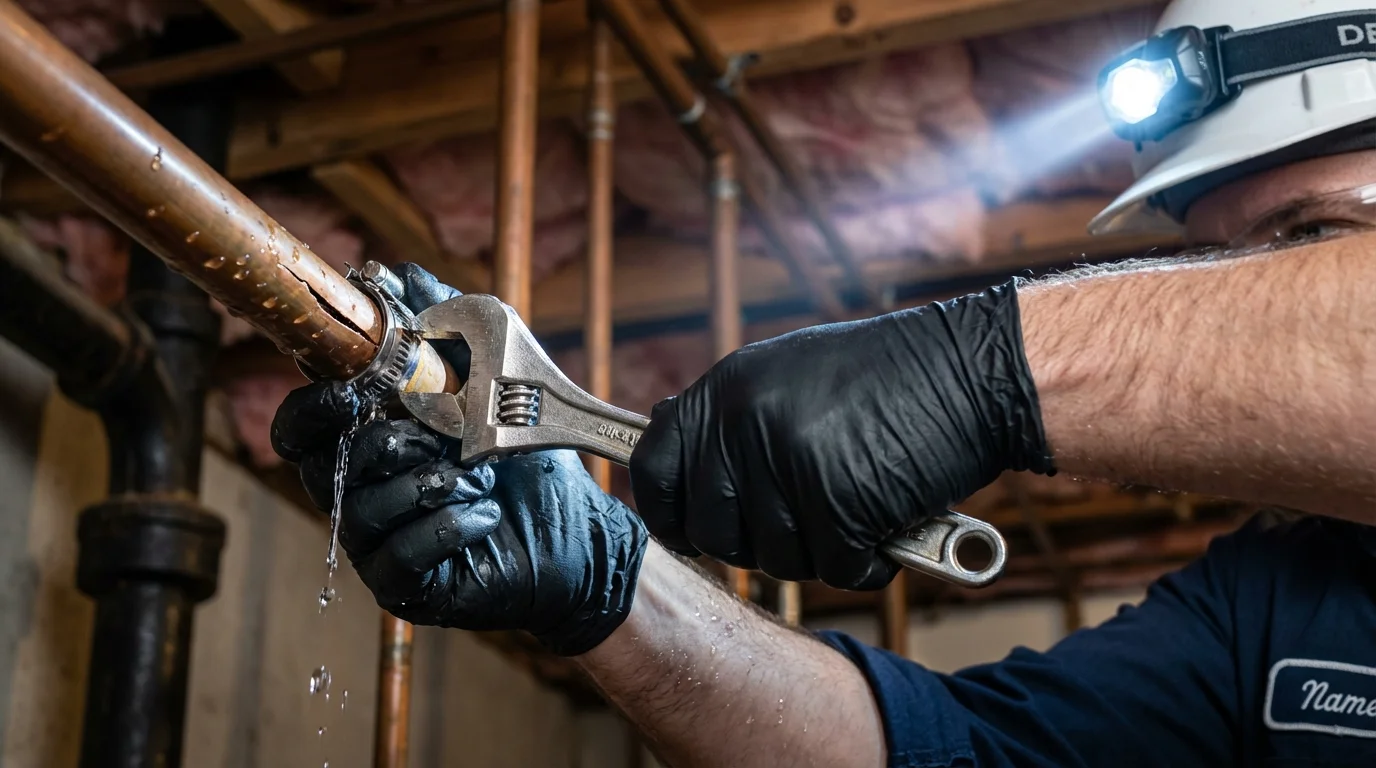 Emergency pipe clamp repair being performed by a Johns Plumbing LLC plumber in Stinnett