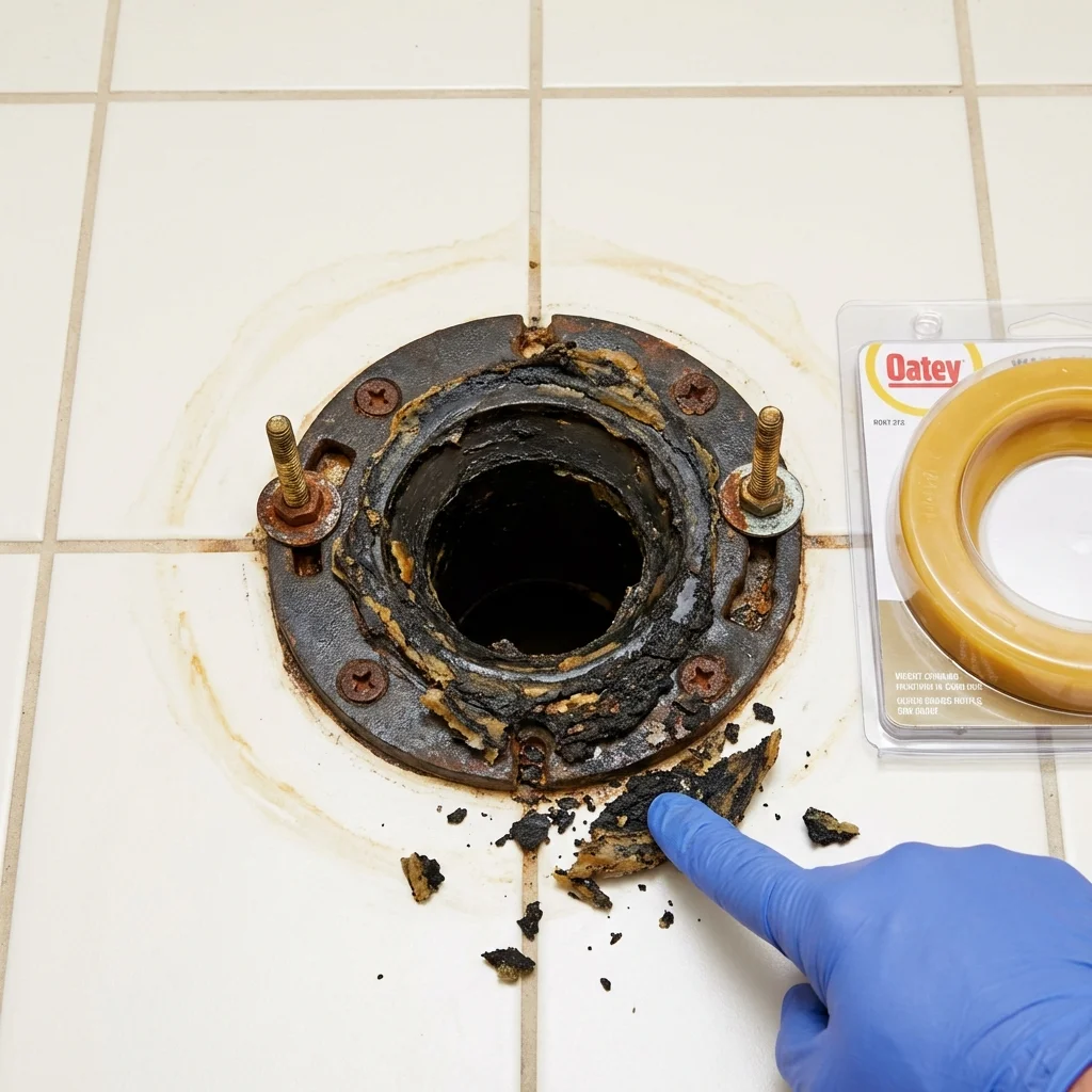 Failed wax ring showing water seepage at the base of a toilet in a Stinnett, TX home