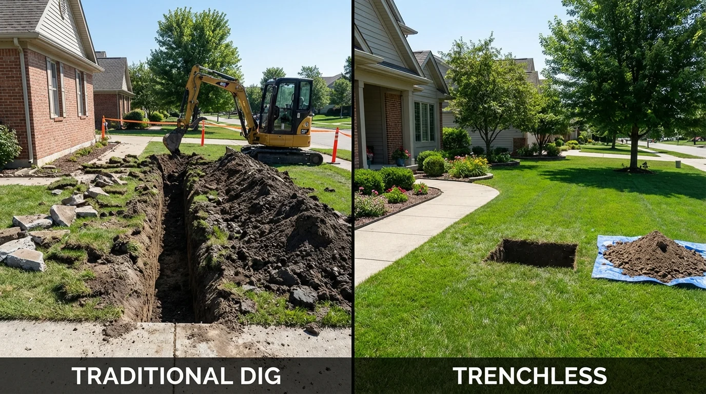 Trenchless sewer repair with minimal yard damage versus traditional excavation in Stinnett, TX