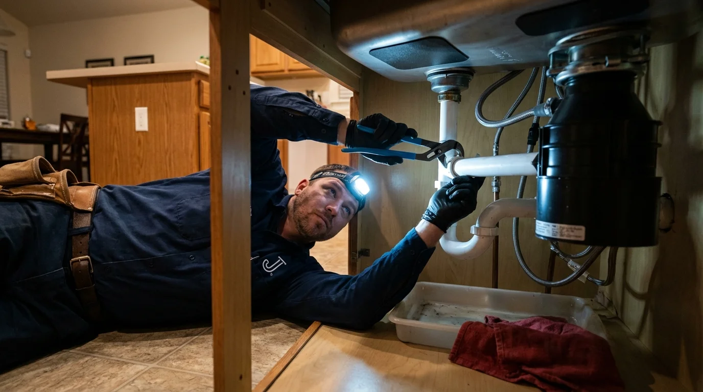 P-trap and supply line connections under a kitchen sink showing a common leak point in Stinnett, TX